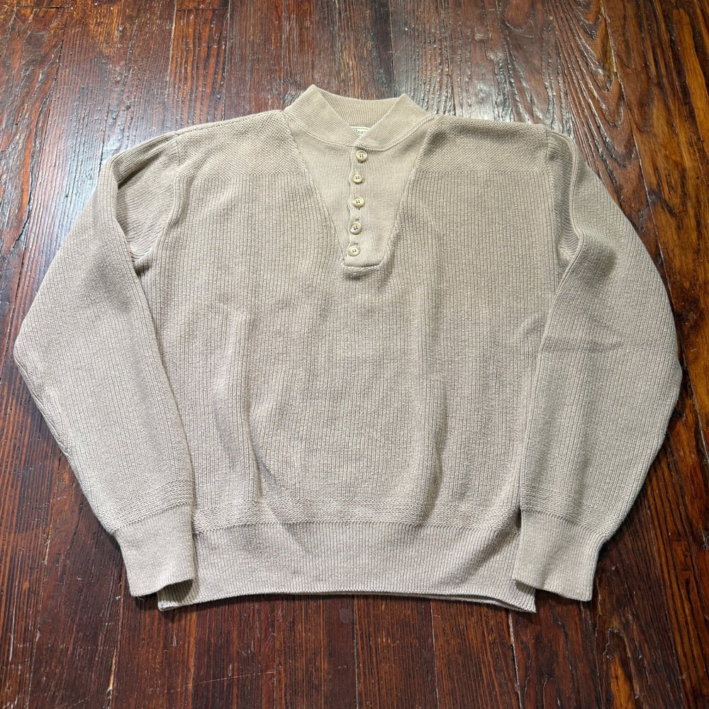 Vintage LL Bean Sweater Mens L Tan Made in USA Cotton Jeep Ribbed Knit